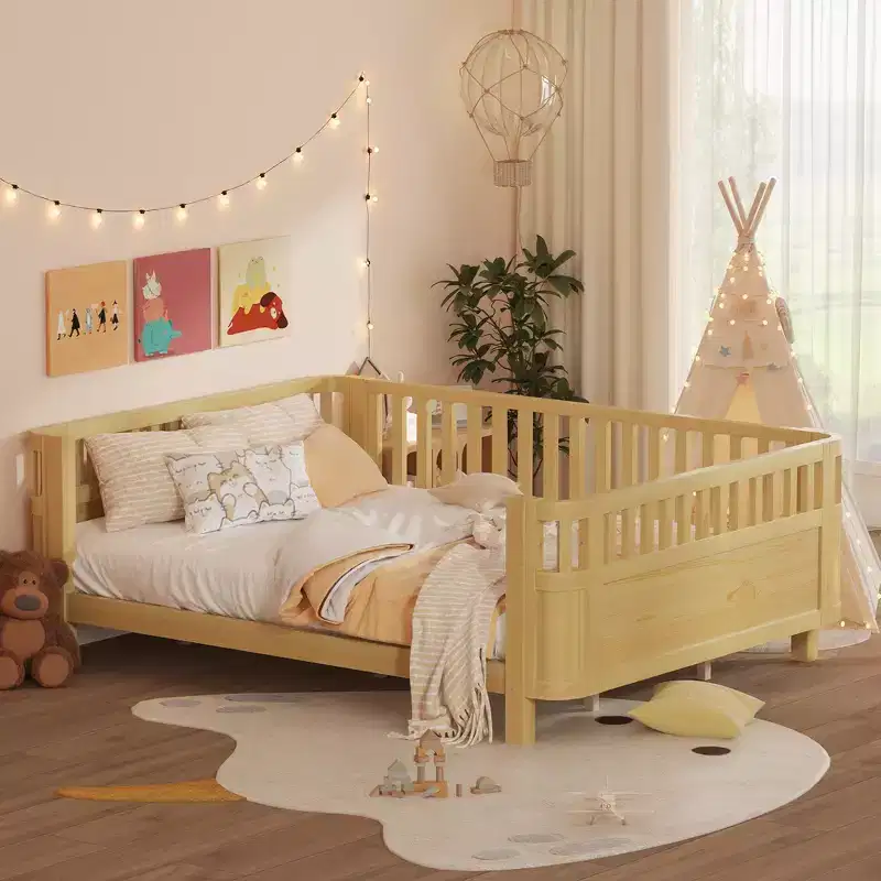 Whisen Queen Size Wood Platform Bed Frame, Wood Low Profile Queen Bed with Rails and Fence Guardrails for Girls and Boys