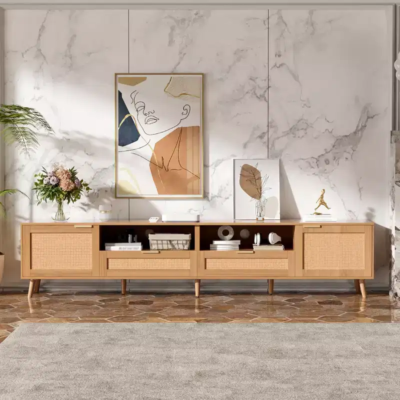 86-Inch TV Stand with Rattan Doors and Solid Wood Legs