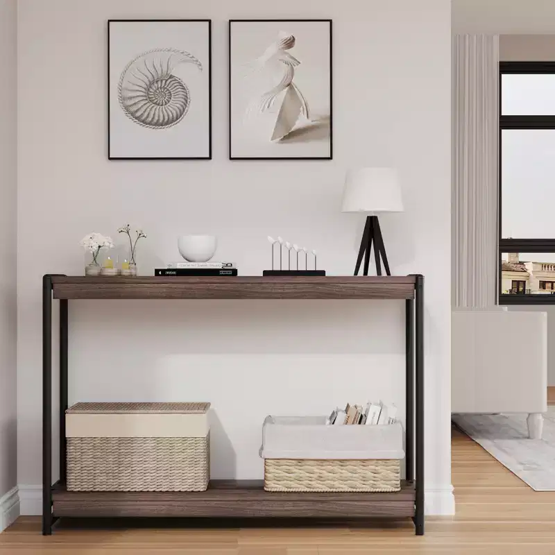 40 Farmhouse Console Table with 2 Shelves  Grey Slatted Sofa & Entryway Table