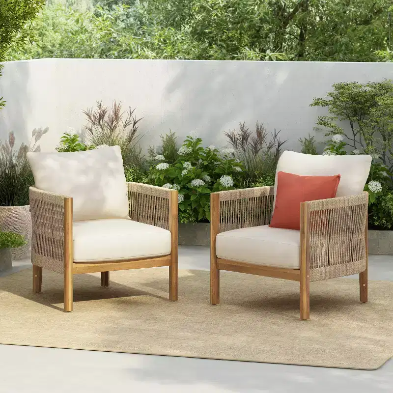 Christopher Knight Home Celeste Patio Rope Weaving Acacia Wood Upholstered Club Chair (Set of 2)