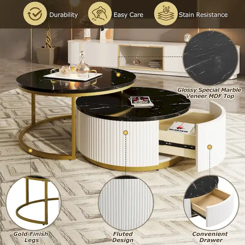 Modern Round Nesting Coffee Table Fluted with Drawer