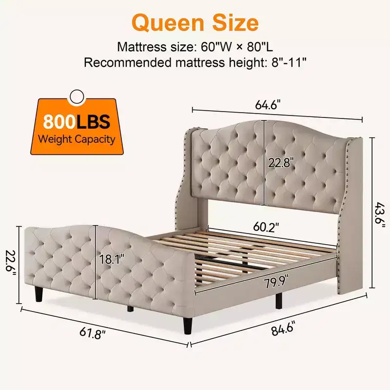Queen Size Velvet Tufted Platform Bed Frame with Wingback Headboard - Wood Slat Support, No Box Spring Needed, Beige Upholstered Bed