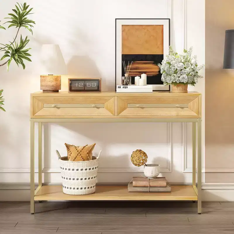 MAYEERTY Console Table with Two Drawers Retro Striking Geometric Design for Living Room Natural