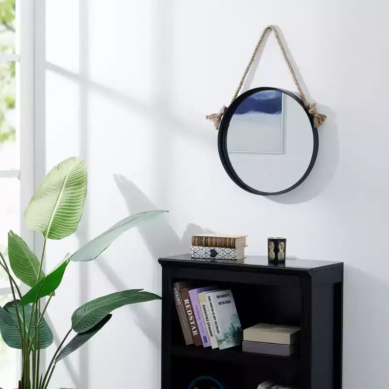 Danya B. Black Iron Framed Round Accent Mirror with Hanging Rope - 15 in. or 18 in.