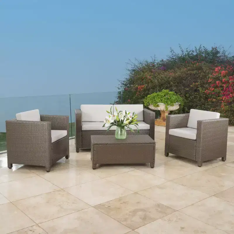 Puerta 4pc Wicker Chat Set & Cover: Steel Frame, Weather-Resistant, Includes Cushions - Christopher Knight Home