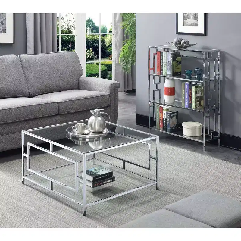 Chrome Square Coffee Table with Tempered Glass Top and Open Shelf