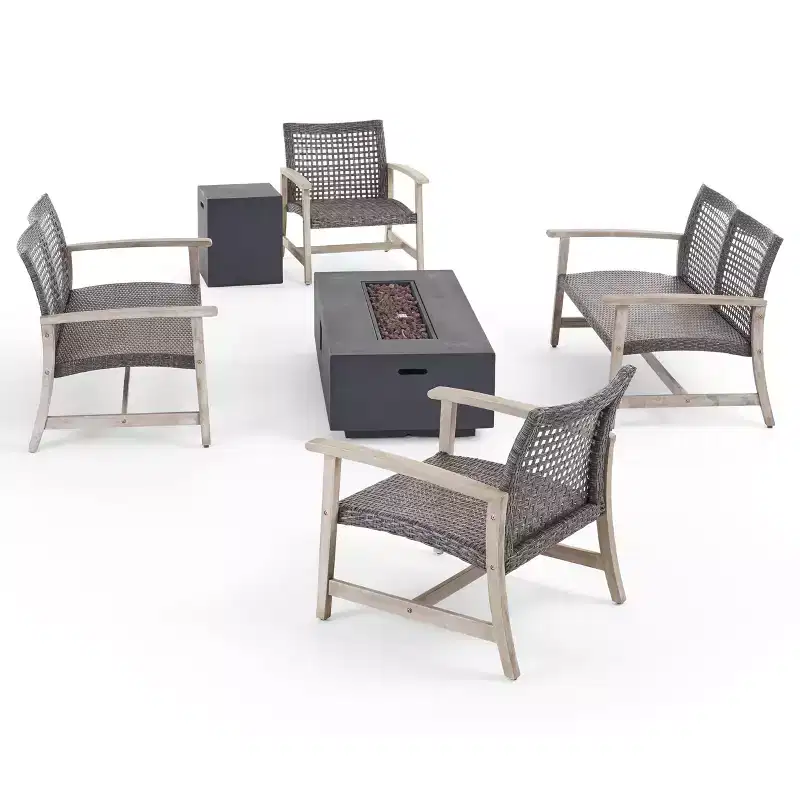 Christopher Knight Home Augusta Outdoor Acacia Wood and Wicker 6 Seater Chat Set with Fire Pit