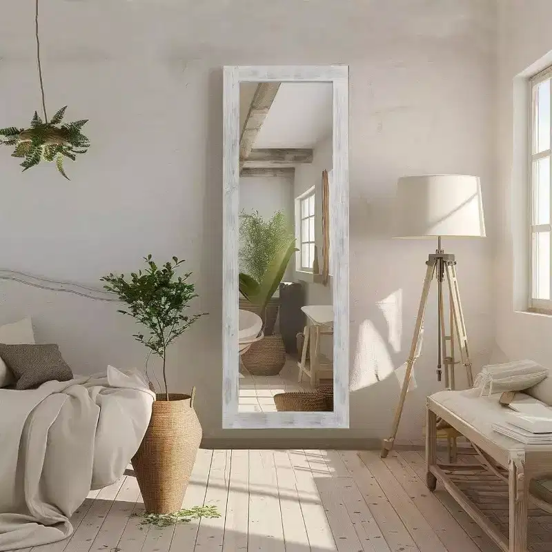 Rustic Full Length Mirror, 64x21 Weathering White. Wood frame, versatile for free standing, leaning, or wall hanging
