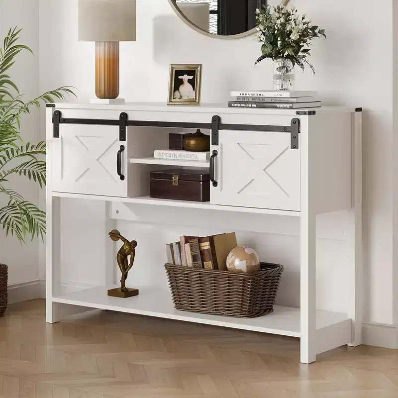 Wood Farmhouse Console Table with Sliding Barn Door and Storage Shelves