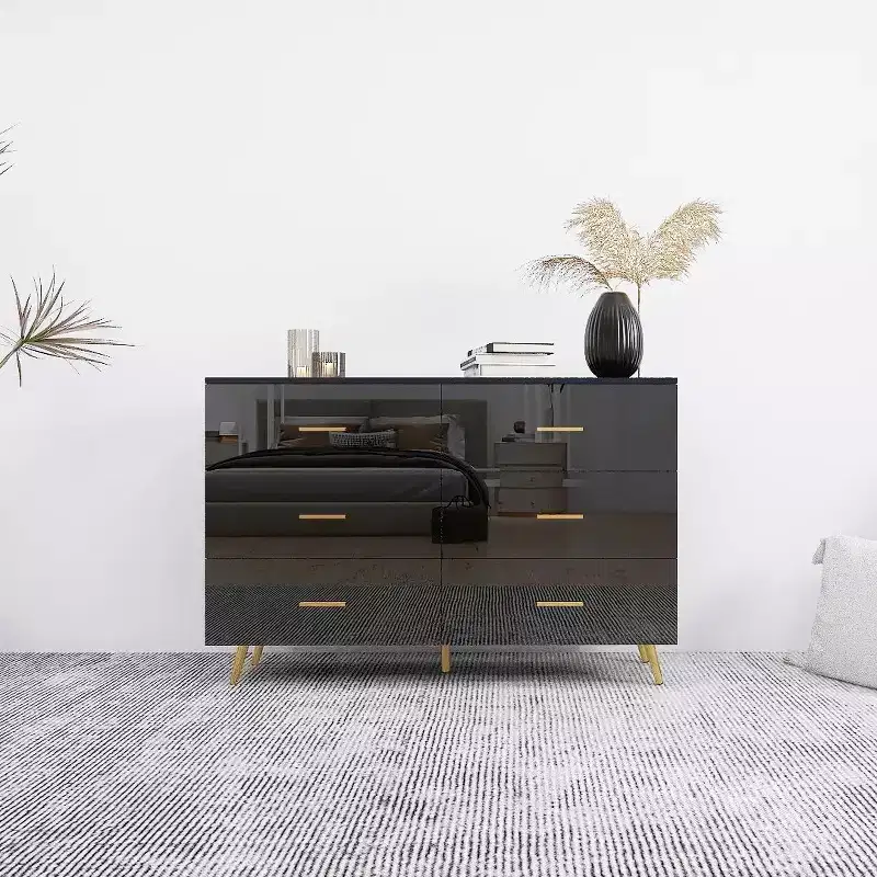 Okak 6-Drawer Dresser with High Glossy Surface,Modern Black&Gold Chest of Drawers,Stylish Storage Dresser for Bedroom,Living Room,Entryway