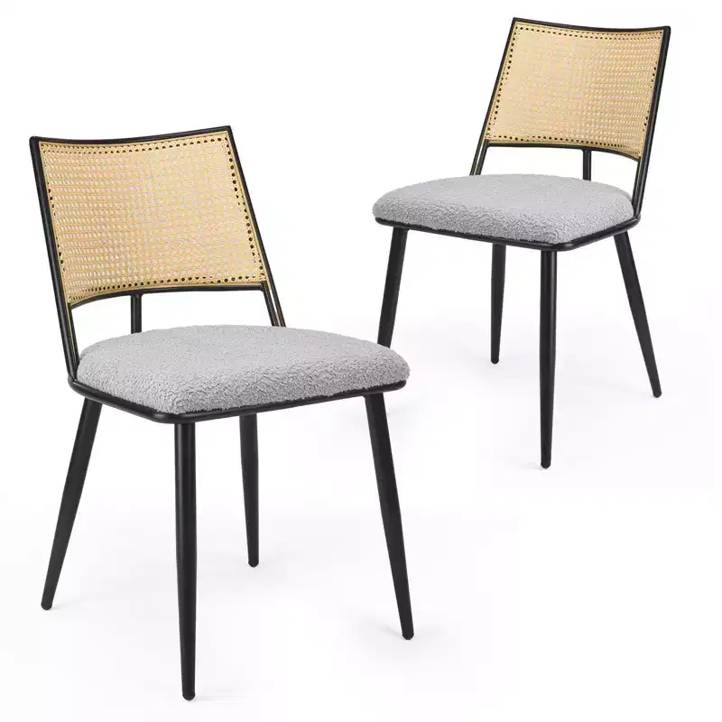 TUYOHW Metal Frame Dining Chairs Set of 2 with Rattan Backrest,Boucle Kitchen & Dining Room Chairs with Adjustable Feet for Living Room