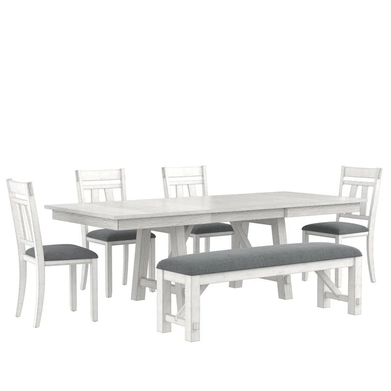 VECELO Dining Table Set with Bench, Solid Wood Rectangular Extendable Dining Table & Solid Wood Dining Chairs