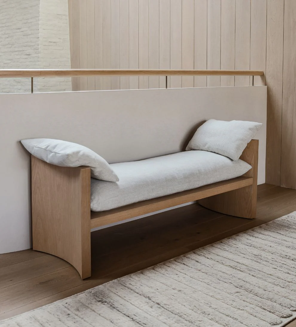 Bench ¨C White Oak Bench with Curved Ends, Comfortable Crypton Performance Fabric Cushion, Durable Stylish Seating for Any Space, 60L x 20W x 25H