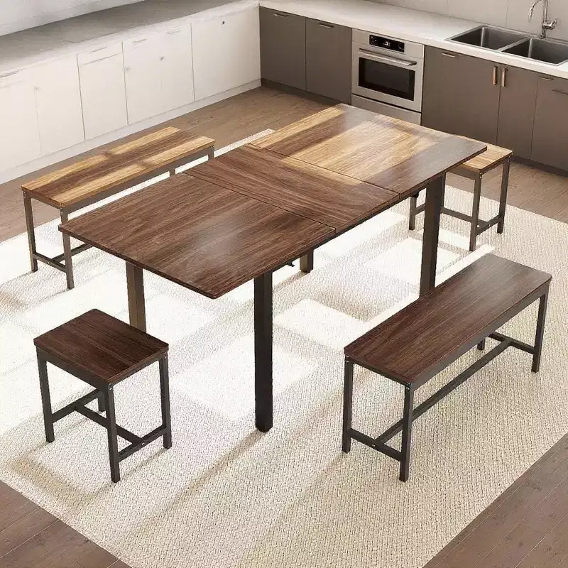 47.2 Large Extendable Kitchen Table Set, with 2 Benches and 2 Square Stools