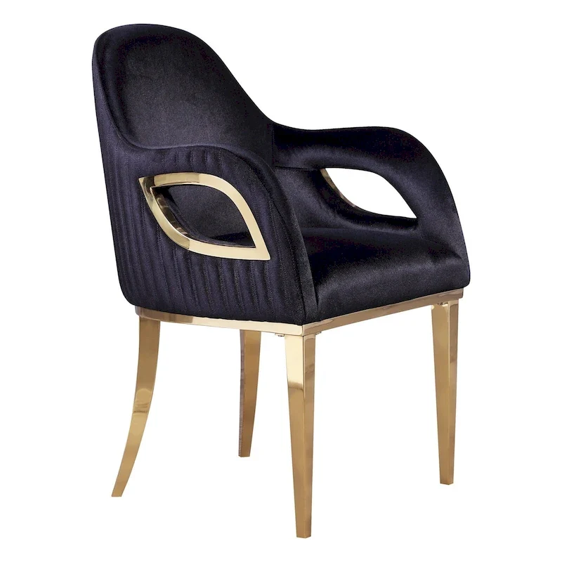Black Velvet Channel Tufted Armchair Dining Chair with Gold Legs for 1 Person