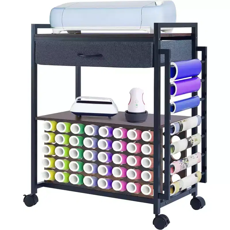 Craft Organizer Rolling Cart, Storage Workstation with Fabric Drawer, 47 Vinyl Roll Holder & Hooks for Craft Room