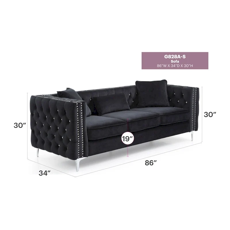 Paige 86 in. Tufted Velvet 3-Seater Sofa with 2-Throw Pillow - 86L x 34W x 30H