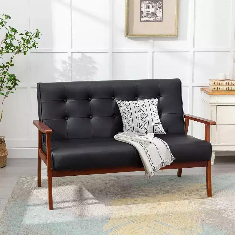 Black Small Leather Couch for Office, Booth Seating 2 Person Waiting Room Bench, Mid Century Modern Loveseat Wood Sofa