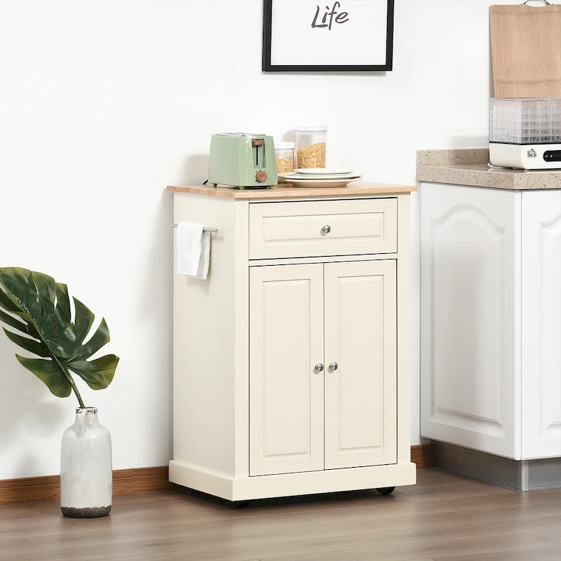 HOMCOM Rolling Kitchen Island Cart, Portable Serving Trolley Table with Drawer, Adjustable Shelf and 2 Towel Racks