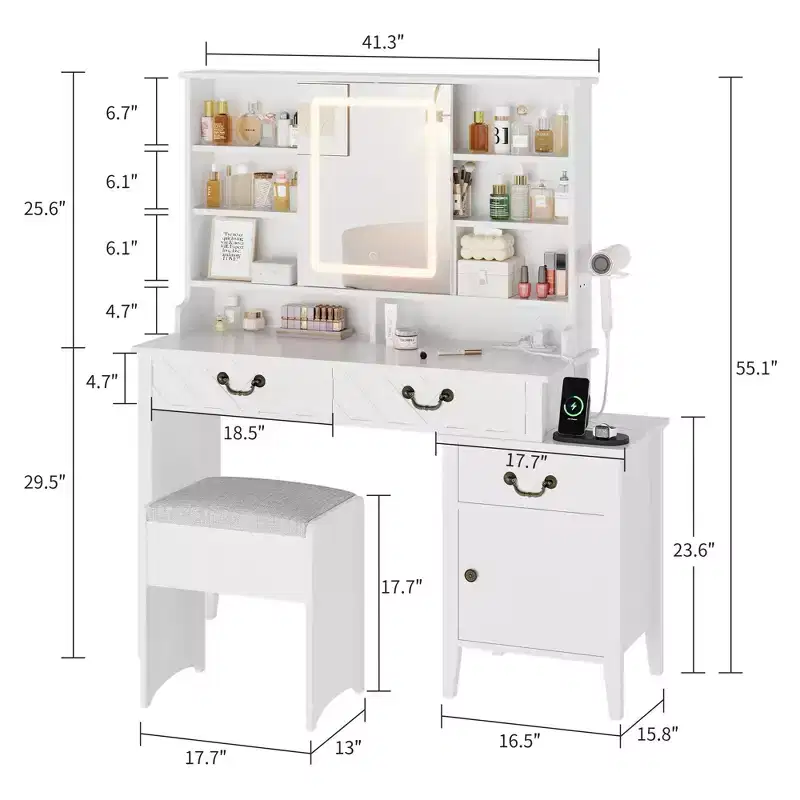 Vanity Desk with Sliding Mirror, LED Lights & Charging Station – White with Stool