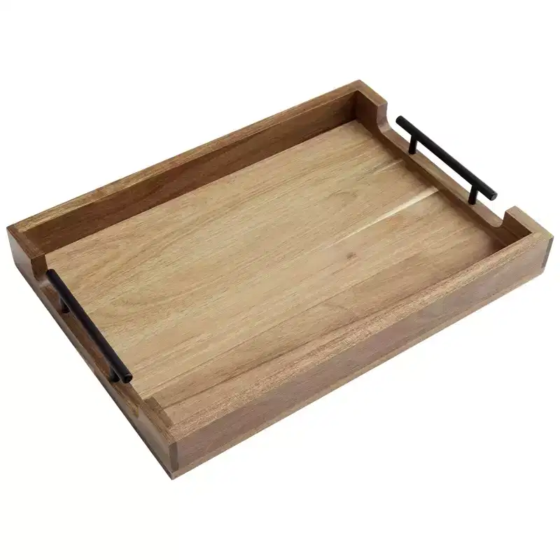 17-Inch Acacia Wood Serving Tray with Metal Handles - Brown