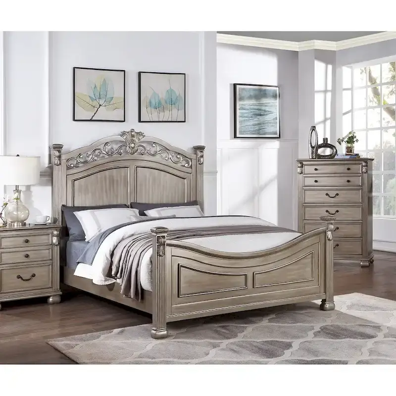 Formal Traditional Antique Silver 1pc California King Size Bed Unique Design Headboard Footboard Bedframe