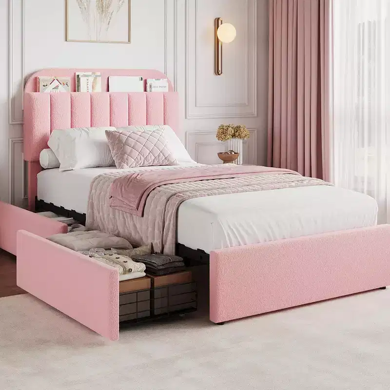 Struttura letto singolo con testiera, 2 cassetti flessibili e libreria per cameretta bambini, rosa
