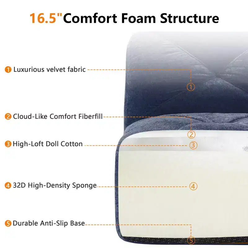 Clihome 110Boneless Sofa With Tufted,Soft Velvet Fabric,Modular Sectional Sofa,32D High Density Sponge,Anti-Slip Design,Ergonomic Design Bottom