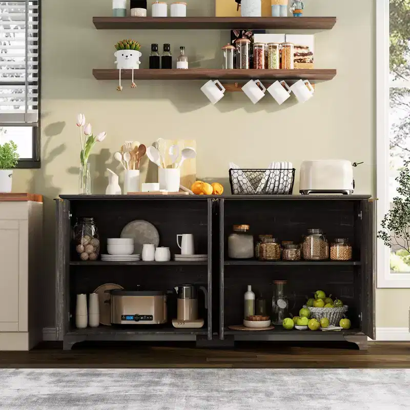 Fluted 4-Door Sideboard Buffet Cabinet with Storage | TV Stand & Coffee Bar with Adjustable Shelves & Load-Bearing Feet for Kitchen & Living Room