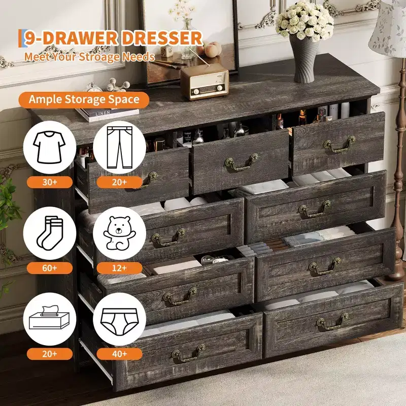 GustoWave 9-Drawer Dresser for Bedroom, 47 Wide Dressers Wood Vintage Chest of Drawers, Farmhouse Storage Organizer for Living Room, Hallway Entryway