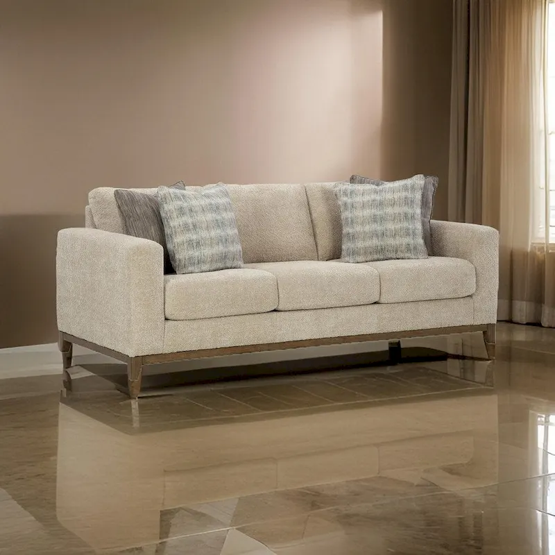 Klyn 93 Inch Sofa, 4 Accent Pillows, Faux Wood Feet, Beige Polyester