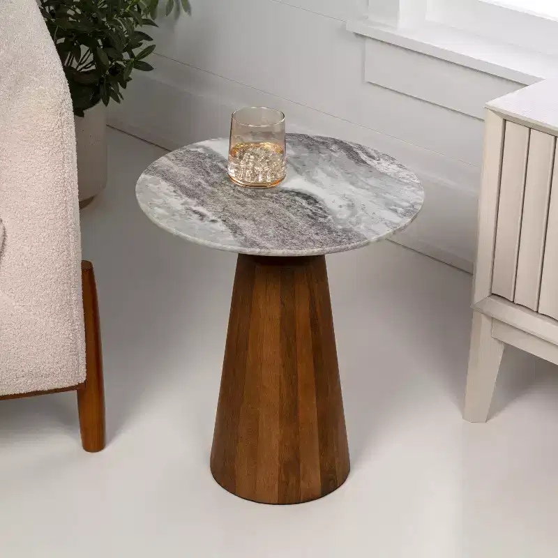 Rustic Minimalist Round Marble/Wood Accent Table