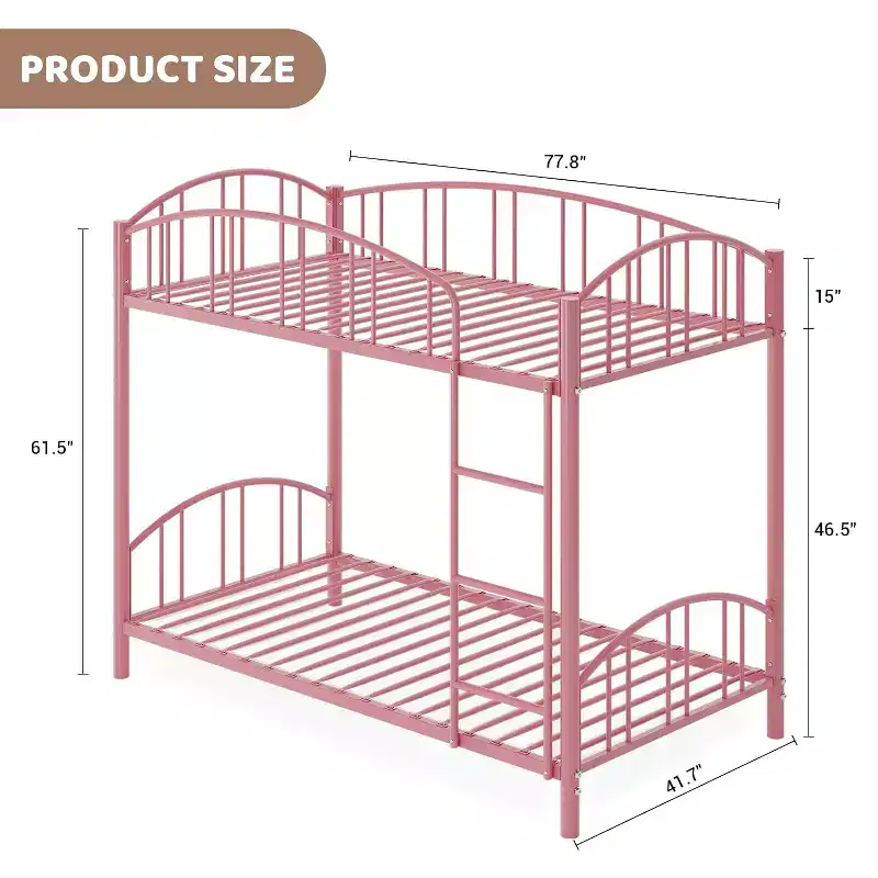 Metal Bunk Bed Twin Over Twin, Heavy Duty Bunkbeds Frame with Arched Guardrail and Safety Ladder, Sturdy Steel Bed for Kids Boys Girls, Pink