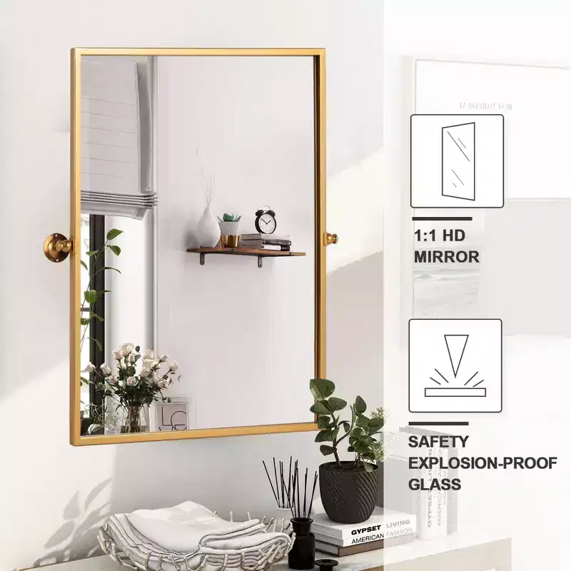 Iron Right Angled Rectangular Rotating Hardware Hanging Mirror in Gold 96x66x2.5cm