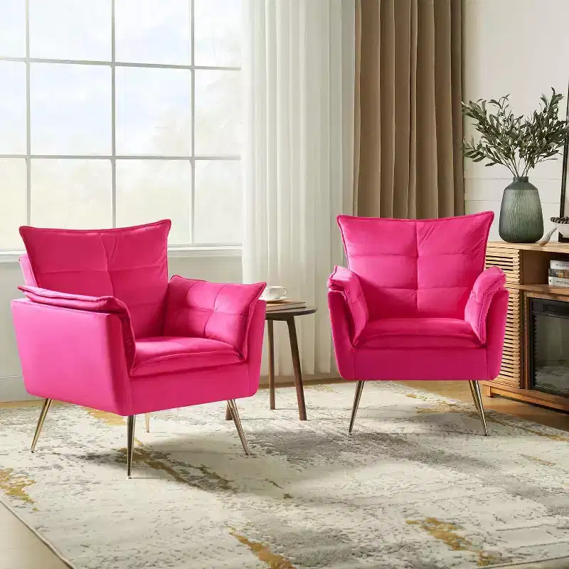 Set of 2 Contemporary Velvet Upholstered Armchair with Metal Legs for Bedroom and Living Room