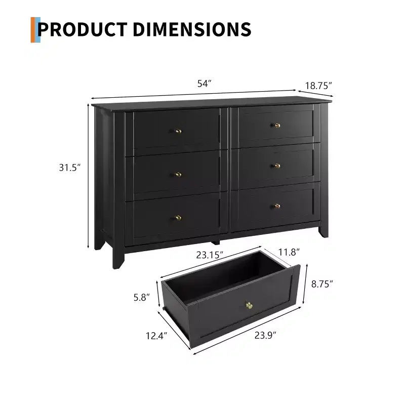 6 Drawer Dresser for Bedroom, Wood Storage Chest of Drawers for Living Room, Hallway, Entryway