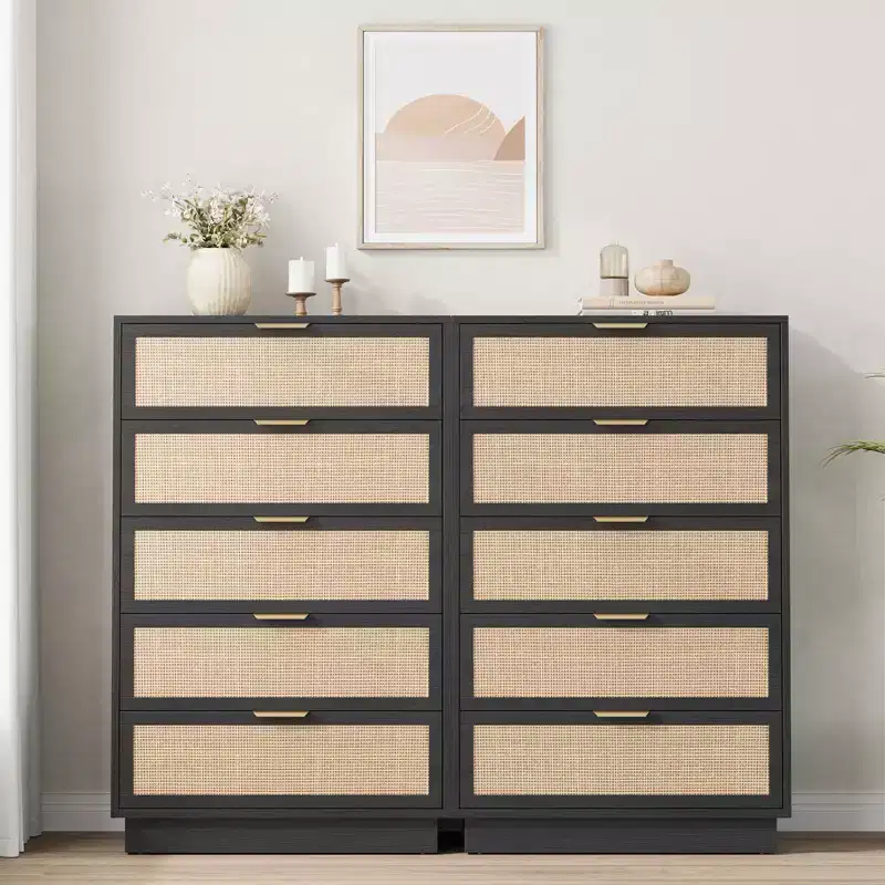 Rattan 5 Drawer Dresser, 46.7in Tall Black 5 Chest of Drawers with Metal Handles and Wooden Sturdy Base for Bedroom Living Room Nursery