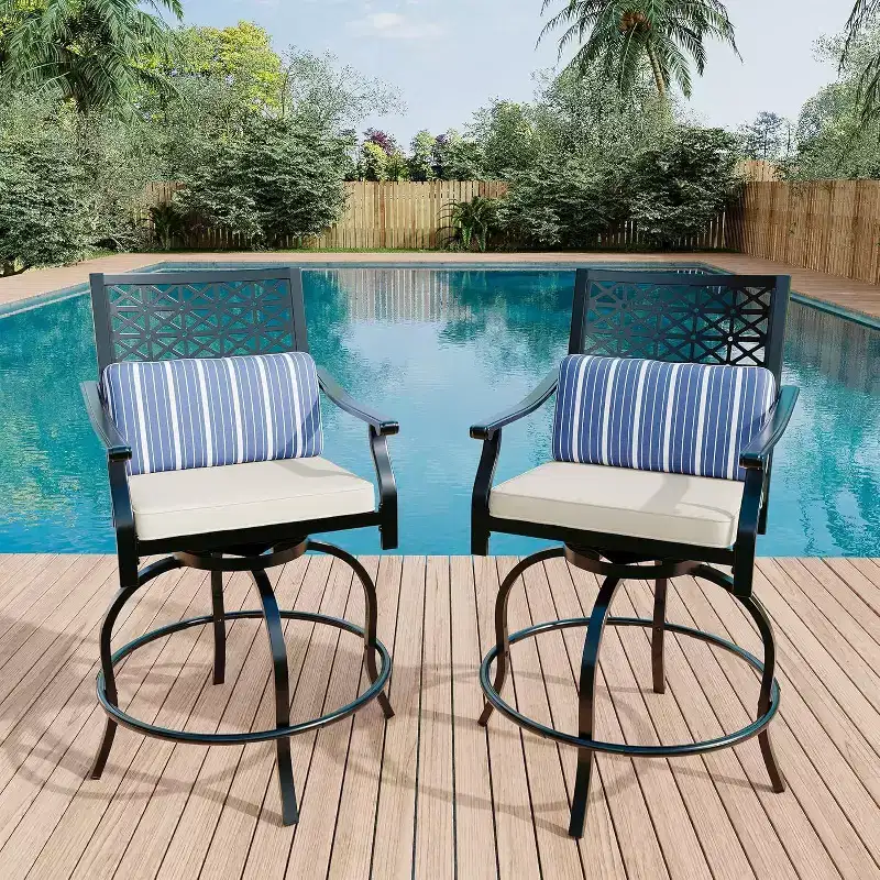 Acekool 2-Pack Outdoor Swivel Bar Stools with Cushions, 360 Rotating Counter Height Patio Chairs with Armrest & Backrest