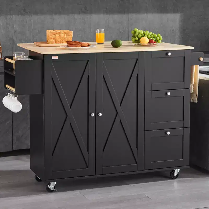 VEVOR Kitchen Island Cart, 56 Wood Top Mobile Carts with Storage Cabinet, Rolling Table with Drop Leaf, Spice Rack, Towel Bar, Adjustable Shelf
