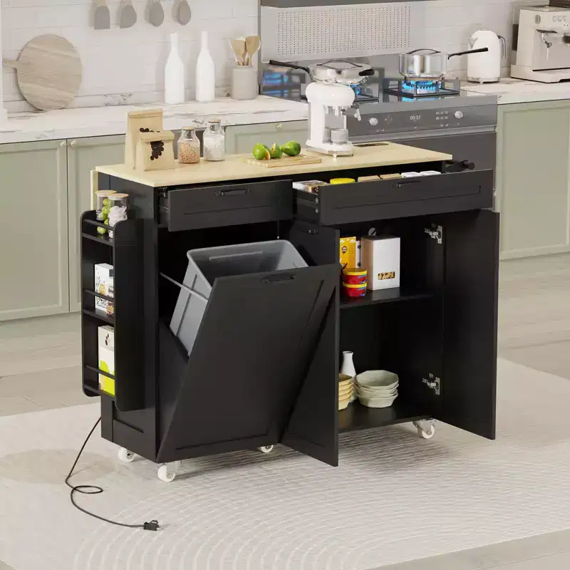 Mobile Kitchen Island with Power Outlet & Drop Leaf, Multi-Functional Rolling Cart with Storage, Spice Rack and Towel Bar