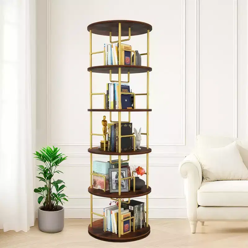 5-Tier Rotating Bookshelf, Metal & Wood 360 Stackable Spinning Bookcase Tower, Space-Saving Floor Shelf for Bedroom, Living Room, Office, Gold