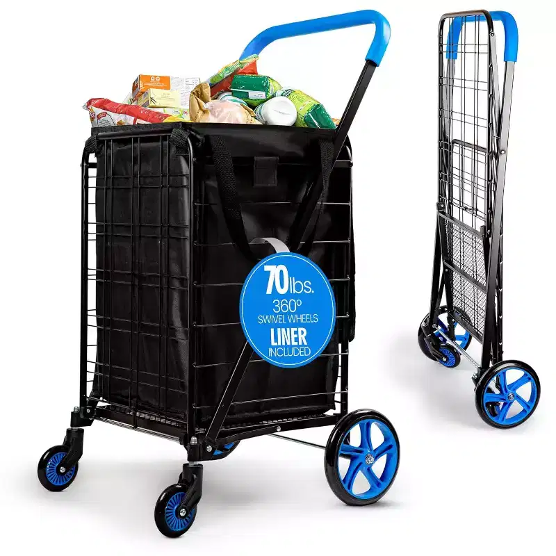 Steel Foldable Shopping Cart with Removable Liner and Swivel Wheels, 39