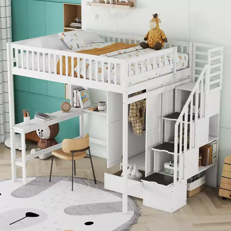 Wood Full Size Loft Bed with Bookshelf, Desk, Drawers & Wardrobe 94.4''L x 57''W