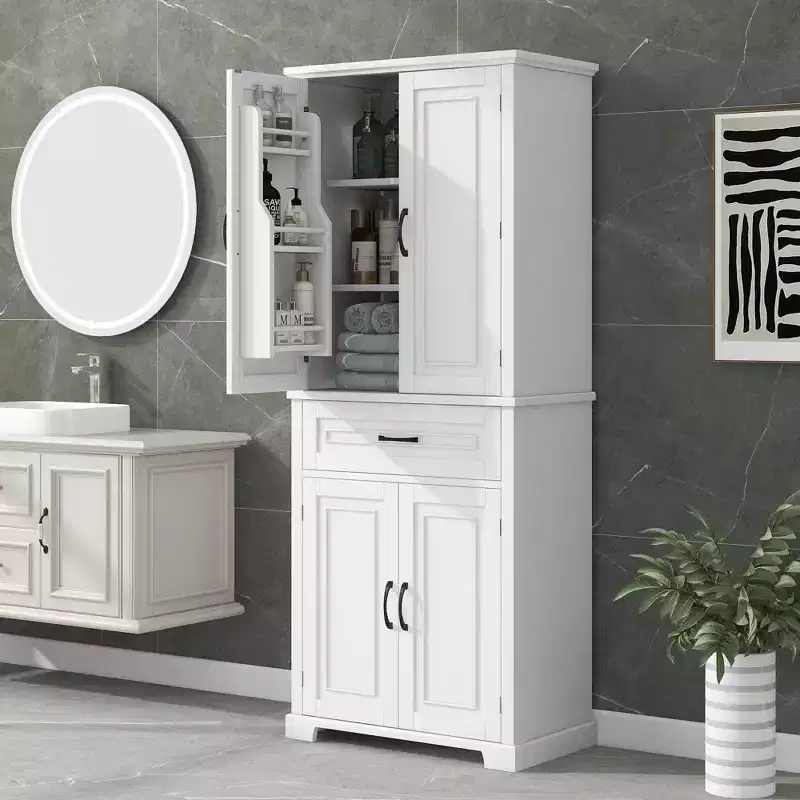 Tall Storage Cabinet with 4 Doors, 1 Drawer & Adjustable Shelves