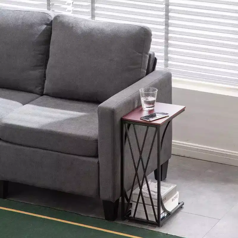 Disassembly Single Layer Density Board Iron C-shape Table Cross Line Brown Density Board PVC Black Spraying 30.5*21*54cm Side Table