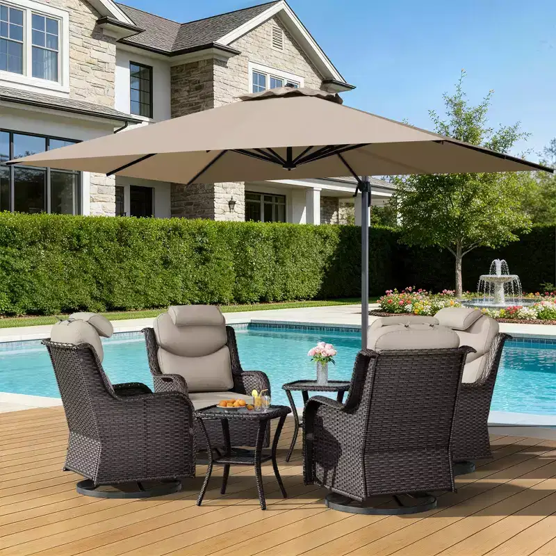 UPTIOT Outdoor Relaxation Set with Rocking Chairs, Side Tables & Sunshade Umbrella for Patio