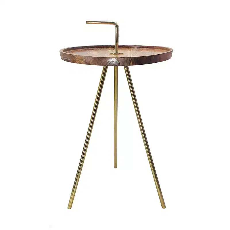 Acacia Wood Side Table with Tripod Steel Legs Brown Gold 16x23.5