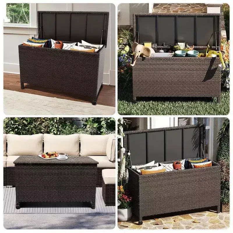 COZONY Outdoor Storage Deck Box with Wheels, Waterproof PE Rattan Patio Storage Box, Large Garden Storage Container for Patio Poolside Backyard