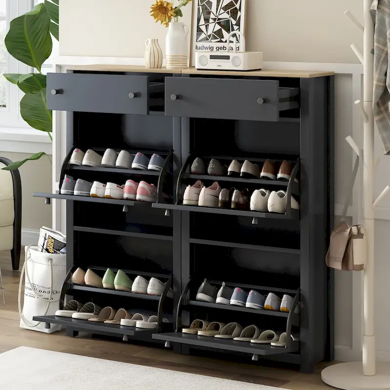 Slim Tipping Bucket Shoe Cabinet Set with 4 Flip Drawers, Wood Grain Pattern Top Shoe Storage Solution with Adjustable Panel