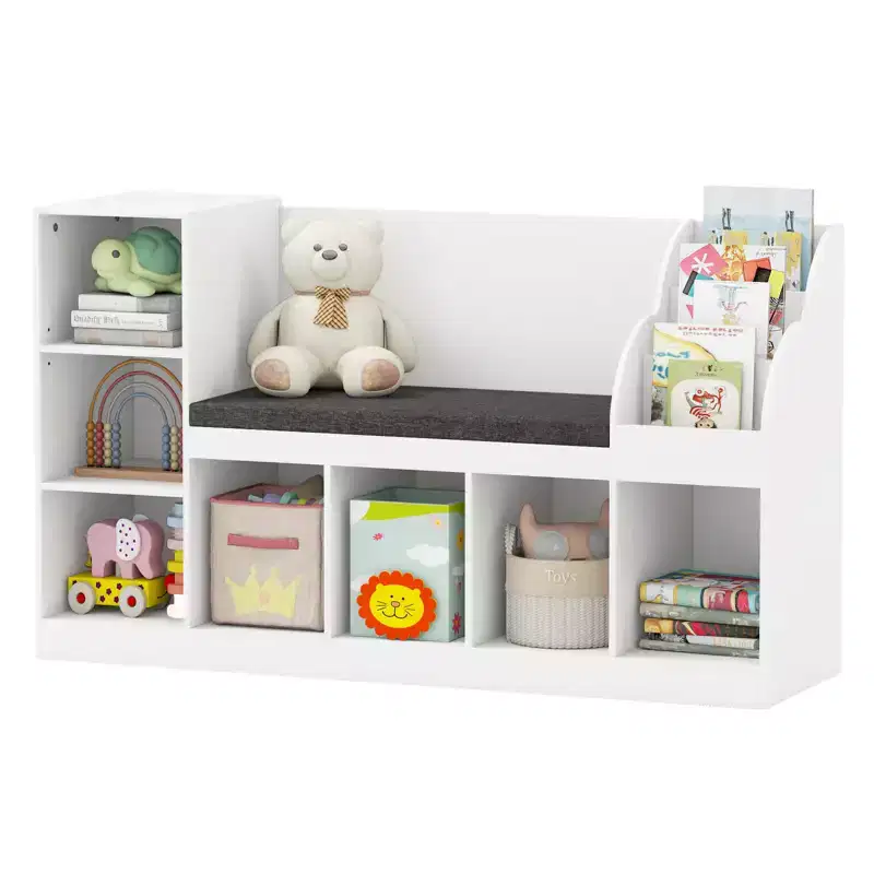 Costway Wooden Kids Bookshelf w/Reading Nook Padded Seat Open Cubes Adjustable Shelf